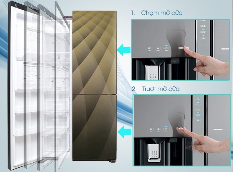 Cửa tự động của tủ lạnh Hitachi R-M700AGPGV4X DIA có thể mở ra chỉ bằng cái chạm hoặc trượt công tắt nhẹ nhàng của bạn