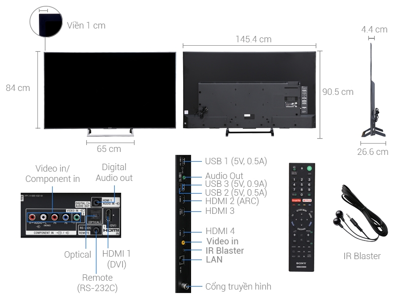Thông số kỹ thuật Smart Tivi Sony 4K 65 inch KD-65X8500E