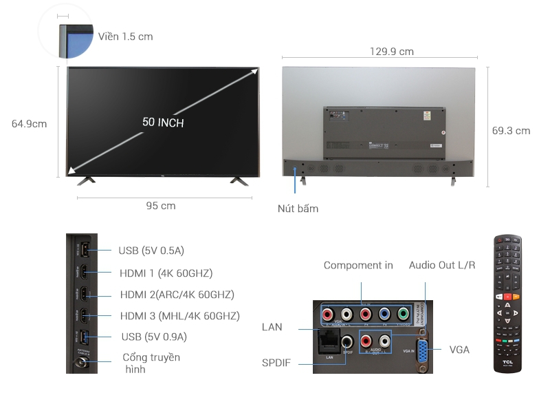 Thông số kỹ thuật Smart Tivi TCL 50 inch L50C1-UF