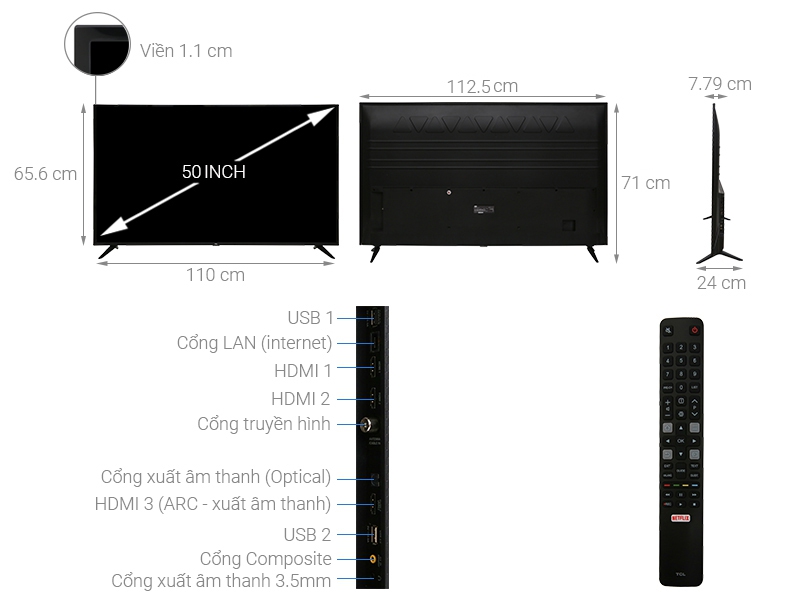 Thông số kỹ thuật Smart Tivi TCL 4K 50 inch L50P65-UF
