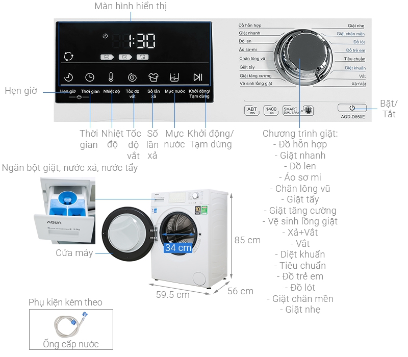 Thông số kỹ thuật Máy giặt Aqua Inverter 8.5 kg AQD-D850E W