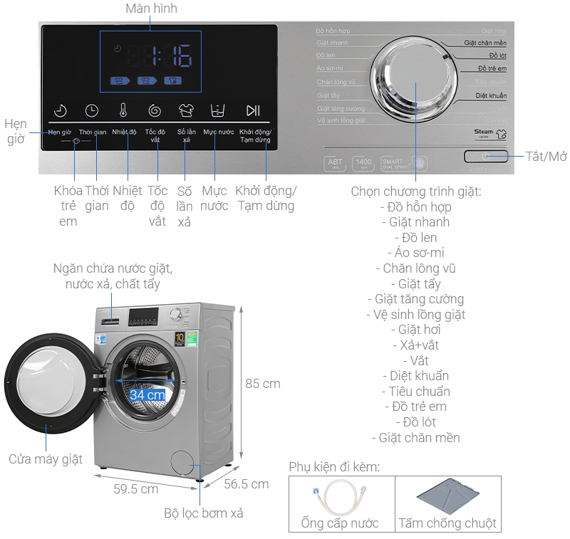 Thông số kỹ thuật Máy giặt Aqua Inverter 9 kg AQD-D900F S