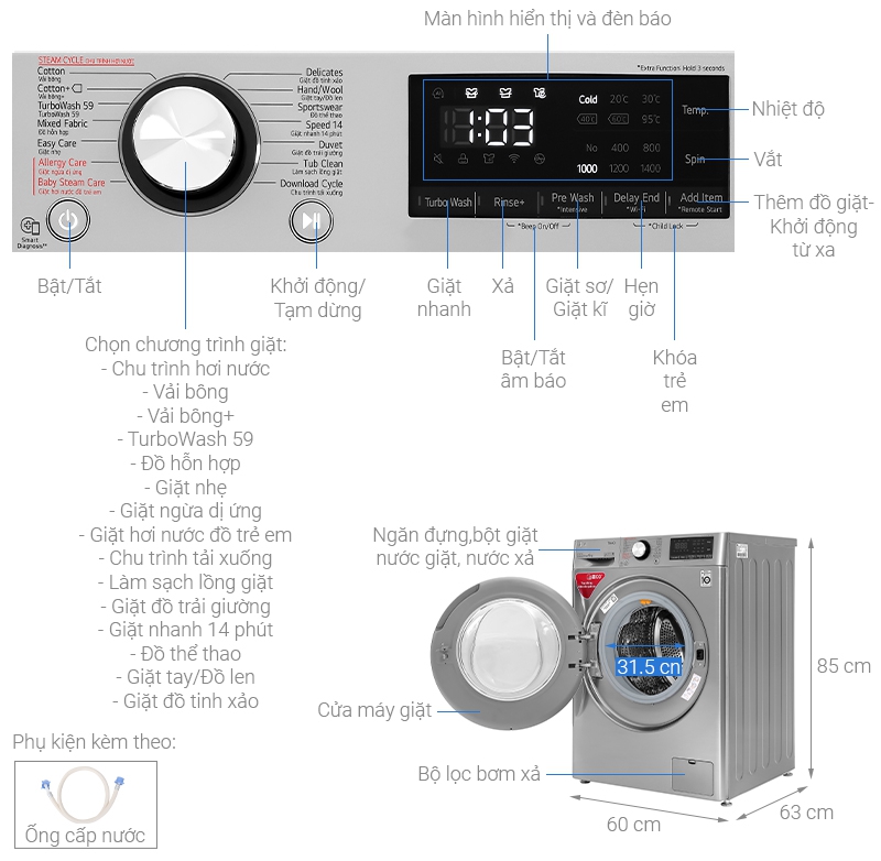 Thông số kỹ thuật Máy giặt LG Inverter 9 kg FV1409S2V