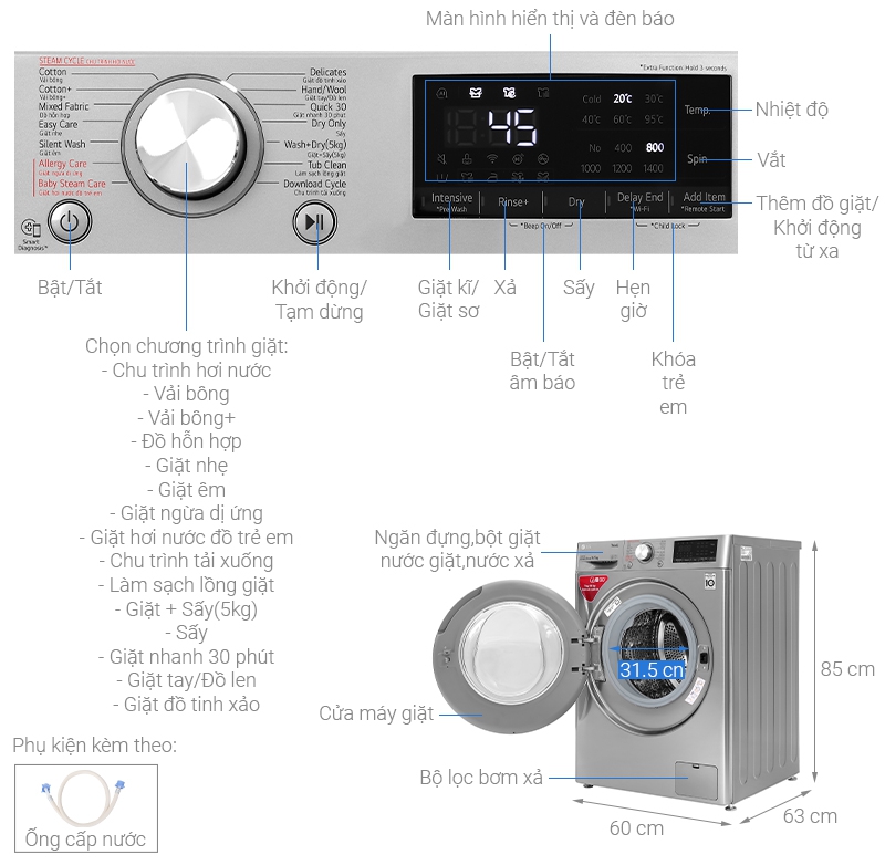 Thông số kỹ thuật Máy giặt sấy LG Inverter 9 kg FV1409G4V