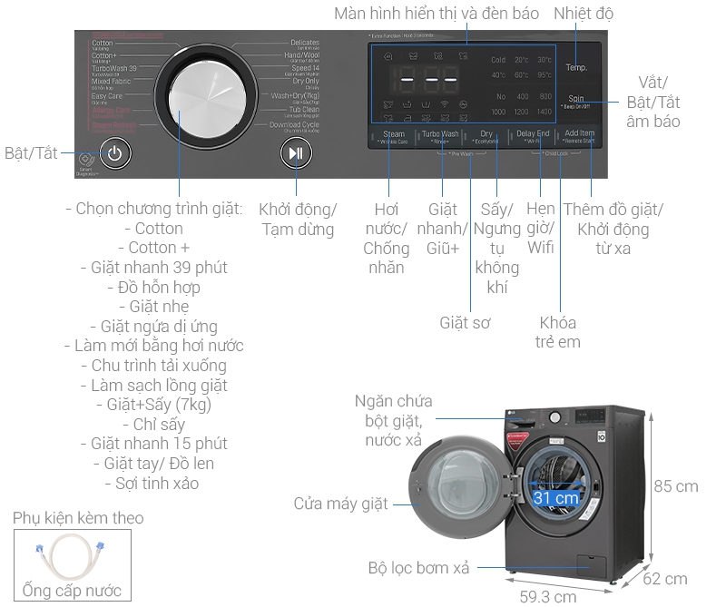 Thông số kỹ thuật Máy giặt sấy LG Inverter 10.5 kg FV1450H2B