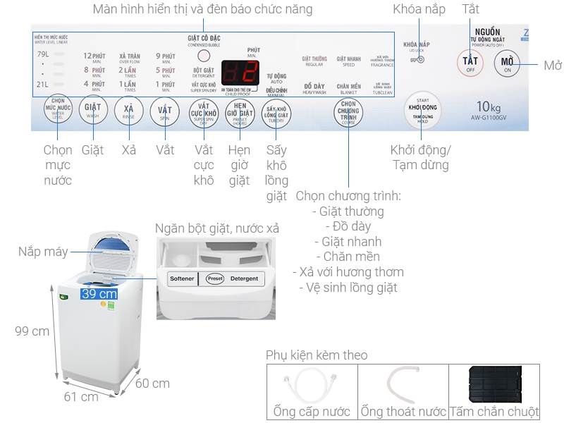 Thông số kỹ thuật Máy giặt Toshiba 10 kg AW-G1100GV WB