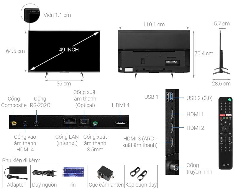 Thông số kỹ thuật Android Tivi Sony 4K 49 inch KD-49X8000H
