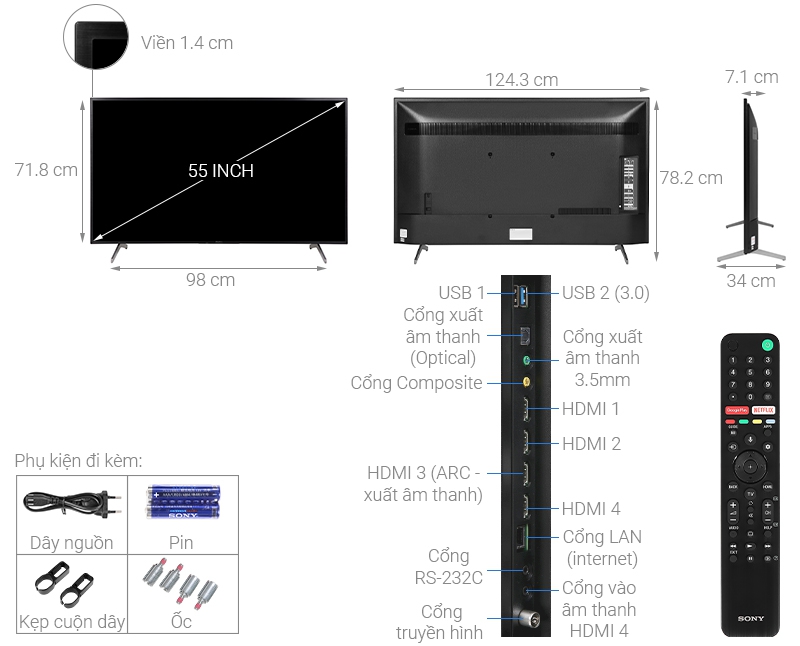 Thông số kỹ thuật Android Tivi Sony 4K 55 inch KD-55X8000H