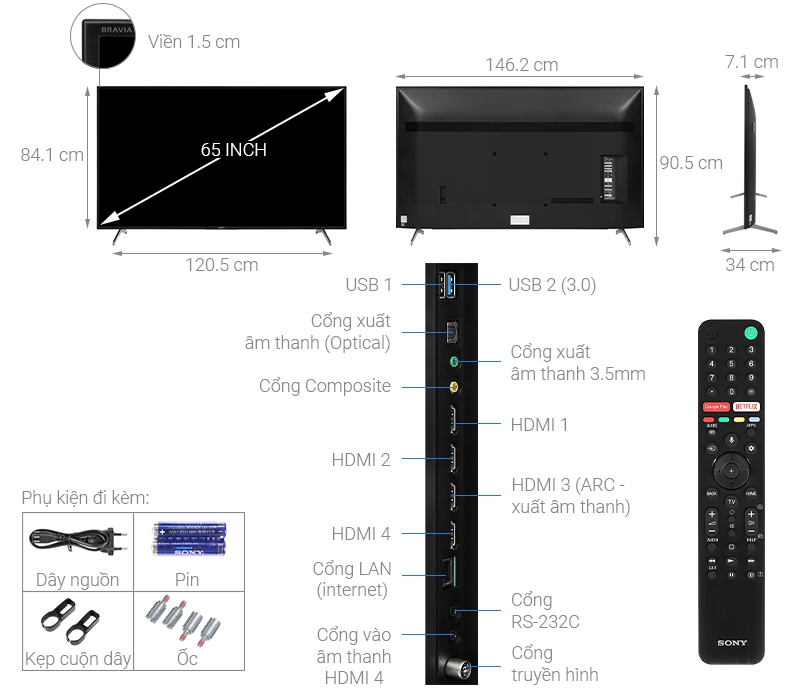 Thông số kỹ thuật Android Tivi Sony 4K 65 inch KD-65X8000H