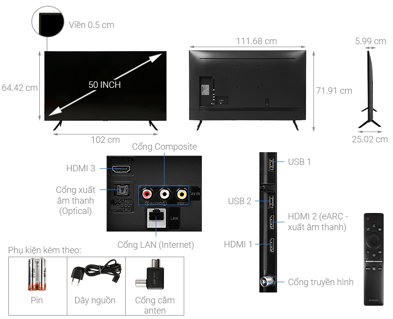 Thông số kỹ thuật Smart Tivi Samsung 4K 50 inch UA50TU8100