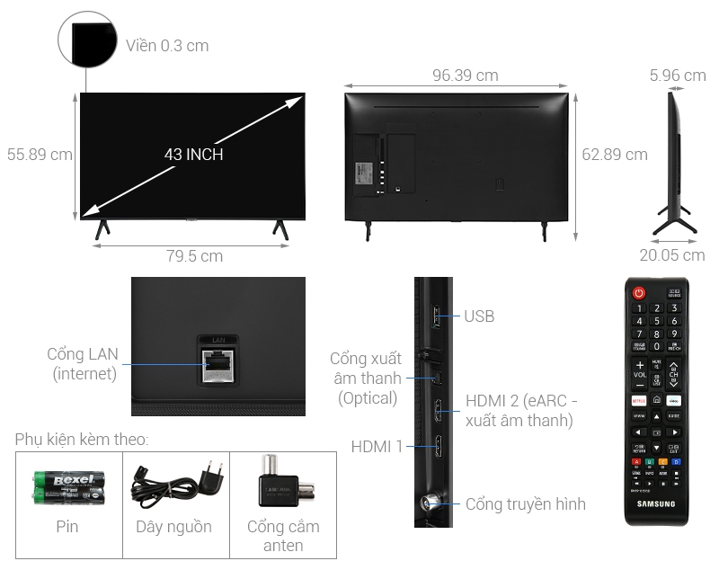 Thông số kỹ thuật Smart Tivi Samsung 4K 43 inch UA43TU7000