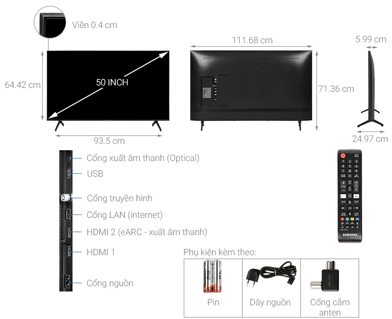 Thông số kỹ thuật Smart Tivi Samsung 4K 50 inch UA50TU7000