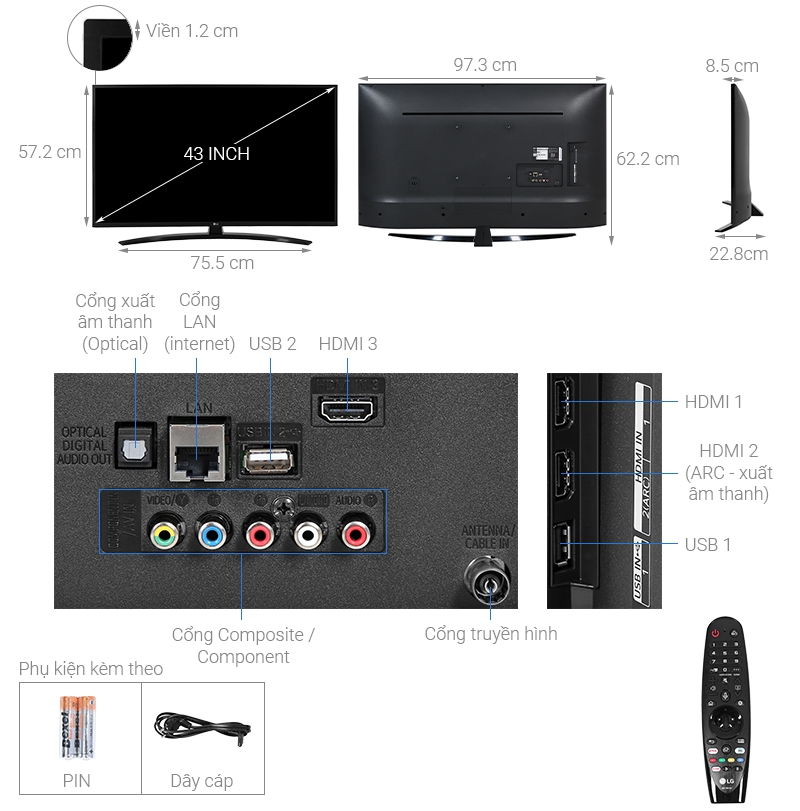 Thông số kỹ thuật Smart Tivi LG 4K 43 inch 43UN7400PTA